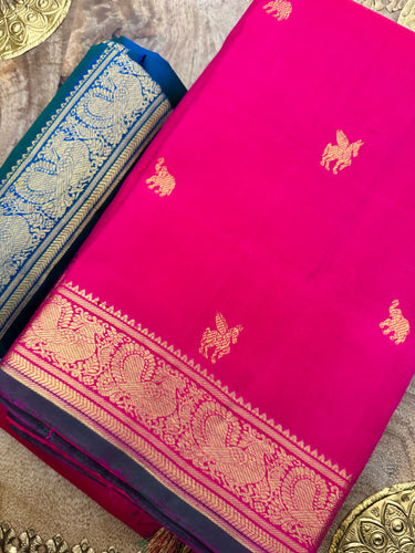 Kanchivaram Pure Silk Pure Zari Silk Saree | Pink | Contrast Blue Blouse | Gold Zari | Handwoven | Ships from California